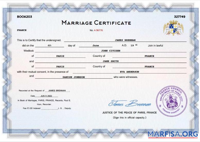 Downloadable France marriage certificate Word and PDF template